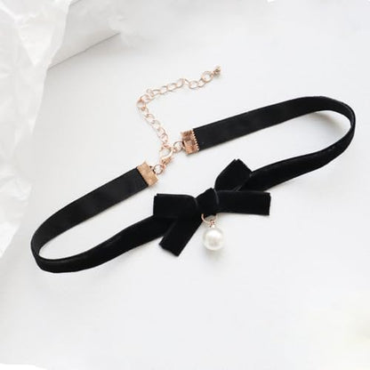 Bow Necklace for Women Dainty Velvet Ribbon Choker Necklaces Red Black Bow Choker Pearl Bell Heart Pendant Necklace Winter Holiday Necklace Cute Bow Knot Necklace for Christmas New Year Gifts - color: Black+pearl
