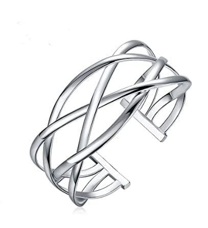 925 Sterling Silver Bracelet Plated Cuff Bangle Bracelet Fashionable Multi-layer Cross Wire Bangle Bracelet Open Adjustable Wide Cuff Bracelet for Teen Girls Fashion Jewelry - color: silver B