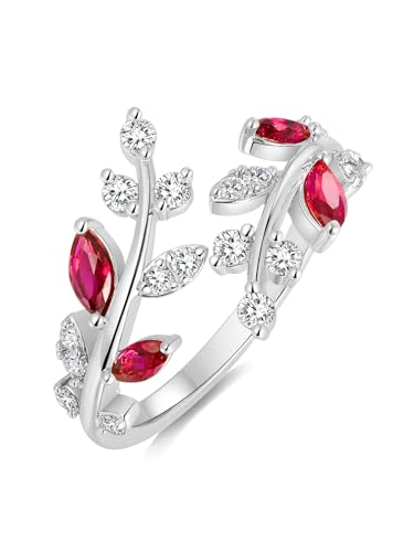 Silver Leaf Ring for Women 925 Sterling Silver Yellow Gold Plated CZ Inlaid Marquise Sapphire/Ruby/Emerald Cocktail Rings Size 6 to 10 - color: Ruby - Silver
