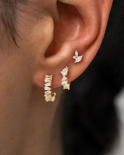 3 Pairs Earring Stacks, Gold Earring Set Jewelry Gift for Women | Small, 14K Gold/White Gold/Black/Rose Gold Plated, Hypoallergenic, Her, Everday, Stackable, Simple, 3 Holes - color: Gold-Geometric