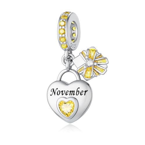 925 Sterling Silver Birthstone Bracelet Charm - Unique Heart Shaped Design, Fits most Europe Pandora Bracelets and Necklaces, women's DIY holiday Gifts - style: K-November