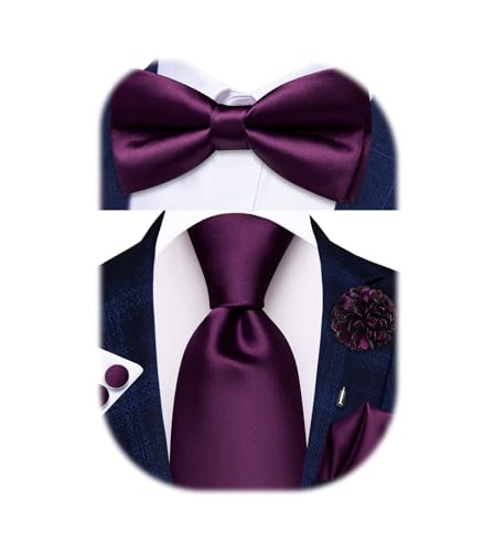 Hi-Tie 5Pcs Mens Solid Color Silk Tie Satin Pretied Bowtie Lapel Pin for Men Handkerchief Cufflink Wedding Gift Box - color: Dark Purple