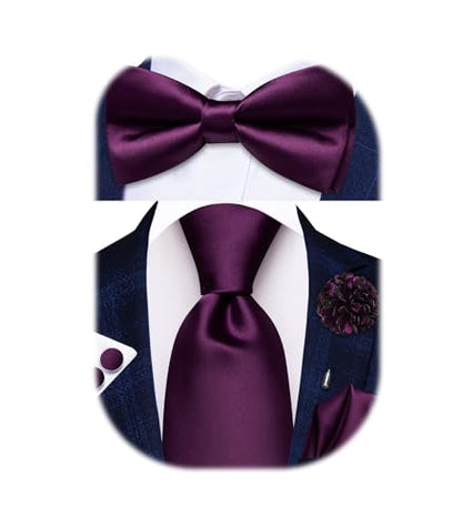 Hi-Tie 5Pcs Mens Solid Color Silk Tie Satin Pretied Bowtie Lapel Pin for Men Handkerchief Cufflink Wedding Gift Box - color: Dark Purple