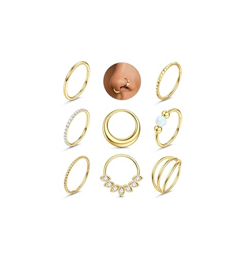 LOLIAS Septum Nose Rings Hoops - 316L Surgical Steel Septum Rings CZ Opal Silver 14K Gold Plated Hoop Nose Ring for Women 16G/18G Clicker Cartilage Earring Conch Daith Nostril Piercing Jewelry 8mm/10mm 8Pcs - color: 14K Gold, size: 18G 10MM