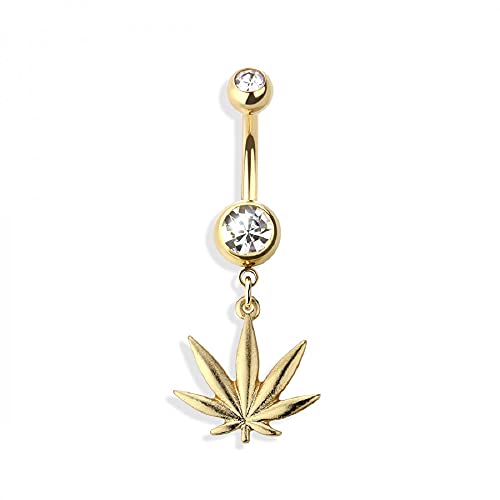 Pierced Owl - 14GA Double Jeweled Marijuana CBD Hemp Leaf Dangle 316L Surgical Stainless Steel Navel Belly Button Ring - style: Gold tone/Clear