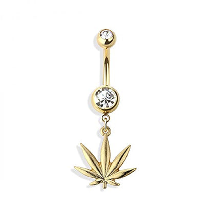 Pierced Owl - 14GA Double Jeweled Marijuana CBD Hemp Leaf Dangle 316L Surgical Stainless Steel Navel Belly Button Ring - style: Gold tone/Clear