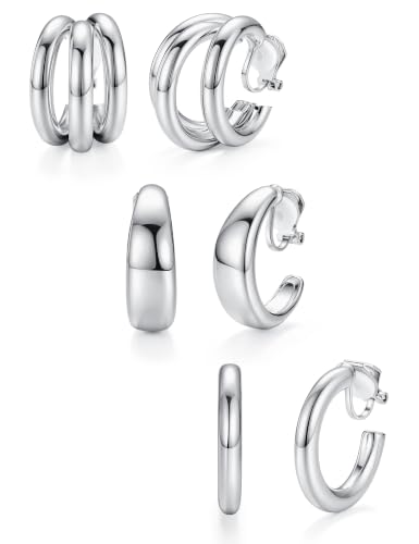 Giovanchi 3Pairs Clip on Earrings for Women with Non-Pierced Ears - Trendy Hypoallergenic 14K Gold Plated Chunky Tube Croissant Waterdrop Clip on Hoop Earrings - style: B-Silver