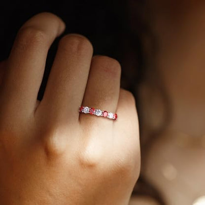 Birthstone Wedding Band Eternity Rings 925 Sterling Silver Rings Stackable Anniversary Engagement Rings Cubic Zirconia Inlaid Created Garnet/Amethyst/Sapphire Ring 7 Stone Ring, Size 6 to 10 - color: Garnet & 5A CZ