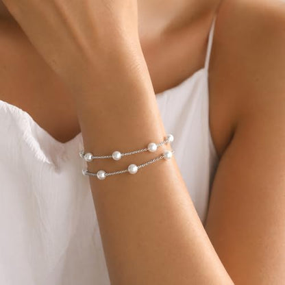 DAYANEY Pearl Bracelets for Women Gold Bracelet Silver Pearl Jewelry | Gold Bracelet Silver Pearl Jewelry Summer Gifts for Girls Dainty Daisy and Heart Bracelets Cute Floral Jewelry for Bridesmaid - style: Silver Pearl-Layered