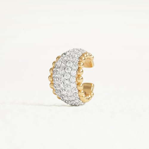 Sparkle Ear Cuff for Women, Non Piercing Single | 14K Gold Plated Brass, Clear Cubic Zirconia Accents, Fixed 3.8-3.9 mm Opening, Single Non-Piercing Cuff For Ear Stacks - style: Beaded Dome