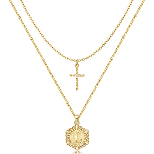 KELORIS PATH Gold Layered Initial Cross Necklace, 14K Gold Plated Layering Square Letter Pendant Figaro Chain Cross Choker from A-Z Capital Jewelry for Women Girls | 14K Gold Plated Square/Hexagon Letter Pendant with Figaro Chain, Stackable Jewelry Gifts,