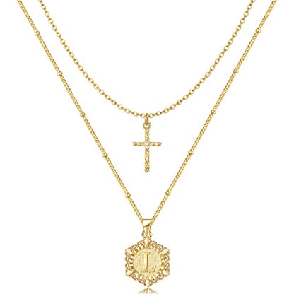 KELORIS PATH Gold Layered Initial Cross Necklace, 14K Gold Plated Layering Square Letter Pendant Figaro Chain Cross Choker from A-Z Capital Jewelry for Women Girls | 14K Gold Plated Square/Hexagon Letter Pendant with Figaro Chain, Stackable Jewelry Gifts,