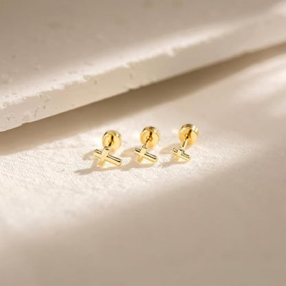 3 Pair Tiny Flat Back Earrings for Women - 14K Gold/White Gold Plated Dainty Cute Small Screw Flatback Stud Earring, Everyday Wear Gift - color: Cross Flat-4/5/6mm Gold