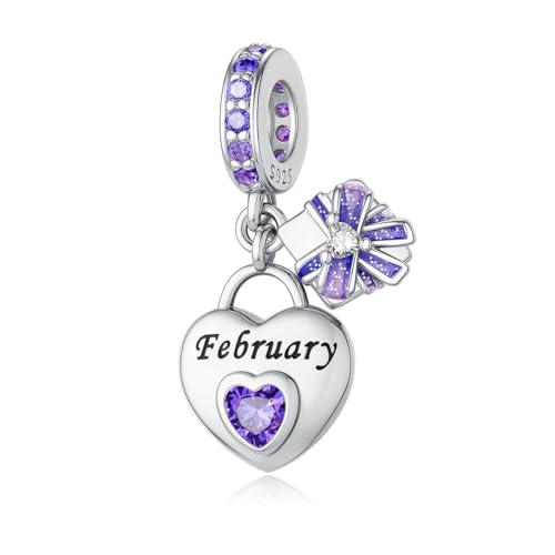 925 Sterling Silver Birthstone Bracelet Charm - Unique Heart Shaped Design, Fits most Europe Pandora Bracelets and Necklaces, women's DIY holiday Gifts - style: B-February