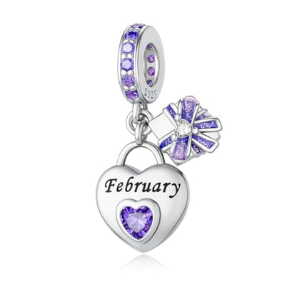 925 Sterling Silver Birthstone Bracelet Charm - Unique Heart Shaped Design, Fits most Europe Pandora Bracelets and Necklaces, women's DIY holiday Gifts - style: B-February