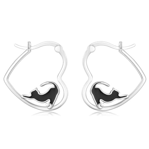 LES OSEWA Dog Animal Earrings Sterling Silver Animal Heart Hoop Dangle Earrings Cute Jewelry Gifts for Women - color: Black Cat