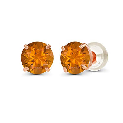 Solid 14K Yellow or White or Rose Gold 6mm Round Genuine Birthstone Gemstone Prong Set Stud Earrings For Women - color: Citrine Madeira