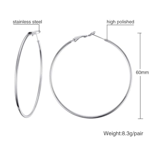 Large Hoop Earrings for Women 4 Pairs Stainless Steel Gold and Silver Hoop Earrings Set Lightweight Hypoallergenic Big Hoop Jewelry for Everyday Party and Gifts 40mm 70mm - color: Silver-60mm