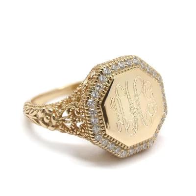 The Personal Exchange Monogram Gold Octagon Filagree Ring with CZ Accents Gold Plated over Sterling Silver
