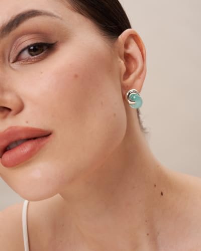 Small Twist Interlock Chunky 18K gold plated Gemstone Natural Stone (Brown, Green, Pink, White) Statement Earrings for Women by SNGIA, Dainty Love Knot Tiger Eye Amber Jade Tourmaline Bold Handmade Exaggerated Dome Retro Rounded Button Half Ball Trendy Bo