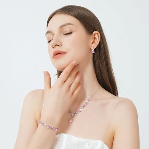 Jewelry Set for Women Bride Bridesmaid Wedding Party Prom Necklace Earrings Bracelet Set Gift for Mother Wife Friend - color: Pink