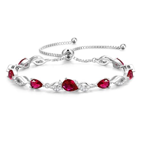 FANCIME Birthstone Teardrop Tennis Bracelet for Women, Sterling Silver 9x7mm main Gemstone Bolo Adjustable Chain Bracelet Fine Jewelry Birthday Gifts for Women Mom Wife Her - color: 07-Ruby