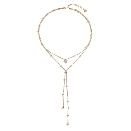 Dainty 18K Gold Plated Lariat Necklace for Women Delicate Y Chain Rose Pearl Diamond Long Drop Necklace Layering Bridal Jewelry Gift - color: 2 Layered Bead CZ-Gold