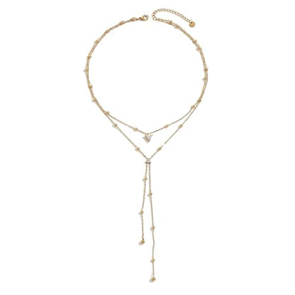 Dainty 18K Gold Plated Lariat Necklace for Women Delicate Y Chain Rose Pearl Diamond Long Drop Necklace Layering Bridal Jewelry Gift - color: 2 Layered Bead CZ-Gold