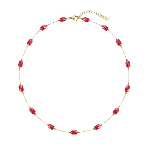 RINHOO Dainty Beaded Necklace for Women 18K Gold Plated Stainless Steel Colorful Blue Pink Choker Boho Choker Necklace Jewelry Gift for Women - color: Style 2-Red