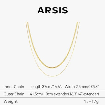 ARSIS 18K Gold Plated Herringbone Necklace Snake Chain Choker Dainty Layered Hypoallergenic Jewelry Gift for Women - color: Gold Double Layer