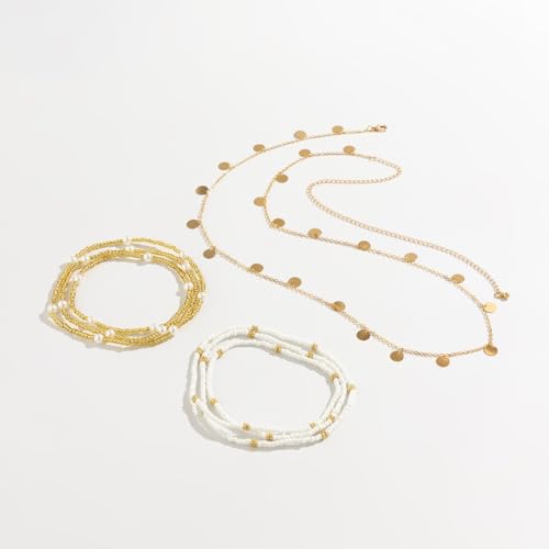 14K Gold Plated Belly Chain Layered Adjustable Waterproof Sparkling Sequin Body Chain Sparkling beads Sexy Bikini Waist Chain With Scalable Elastic Rope - Aqua Brown Golden - color: 3 Layers Golden