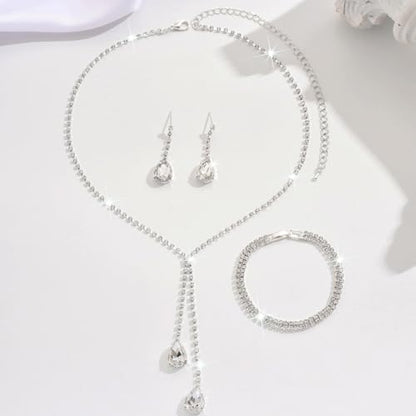 MIFYNN Rhinestone Wedding Set for Women Sparkle Crystal Earrings Necklace Bracelet Jewelry Set Wedding Party Prom Jewelry Set for Brides Bridesmaid - color: Silver3
