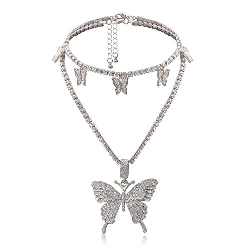 2Pcs Layered Hip Hop Shiny Rhinestone Bead Chunky Chain Butterfly Pendant Necklace Punk Crystal Cuban Link Chain Choker Collar Necklace for Women Party Birthday BarJewelry Gift - color: D silver choker