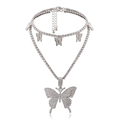 2Pcs Layered Hip Hop Shiny Rhinestone Bead Chunky Chain Butterfly Pendant Necklace Punk Crystal Cuban Link Chain Choker Collar Necklace for Women Party Birthday BarJewelry Gift - color: D silver choker