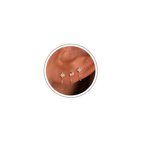 Freekiss 3 Pairs Backless Half Hoop Earrings Set for Women | 14K Gold Plated CZ Stay Close Hoop Earrings, Hypoallergenic Huggie Stackable Earring for Everyday & Sleep Wear Jewelry Gift - color: Celestial Moon Star-GD