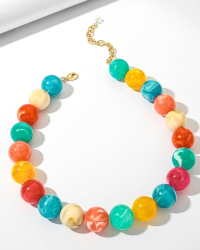 Chunky Beaded Choker Necklace for Women Boho Statement Necklace with Large Pearl Blue Brown Tone Resin Beads Summer Beach Jewelry Gifts - color: Tropical Turquoise Orange