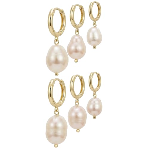 3 Pairs Huggie Hoop Pearl Earrings for Women, 14K Gold Plated Drop Dangle Earring Stackable Dainty Trendy Jewelry Set