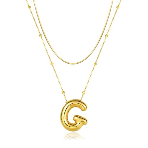 LUCA SMITH 2-Piece Initial Necklaces for Women, Dainty Balloon Bubble A-Z Letter Necklace Set, Name Letter Alphabet Pendant Layered Choker Necklaces Personalized Jewelry Gift - color: Gold bubble letter necklace, style: Initial Set-G