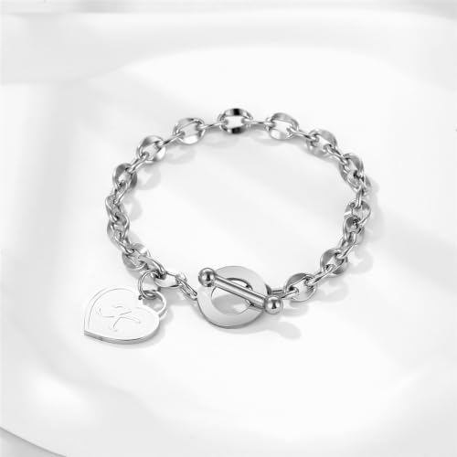 Initial Heart Charm Bracelets for Women 14K gold/Silver Tone Stainless Steel OT Clasp Heart A-Z Letter Name Bangle Bracelet Gifts - color: U