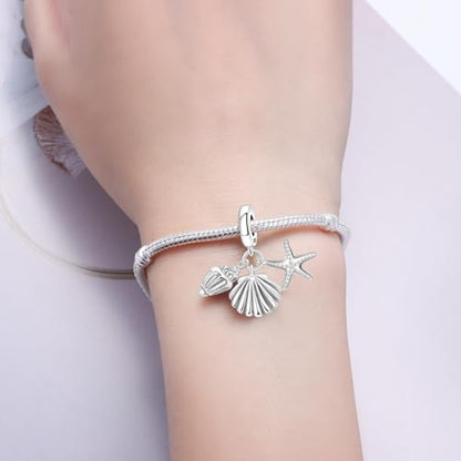 925 Sterling Silver Charms Bead for Bracelets Necklaces, Star Moon Crescent Sun Solar Pendent, Blue Ocean Starfish Shells Turtle Crab Starry Sea Cute Jewelry Birthday Gifts for Women Men - style: Seashell charms