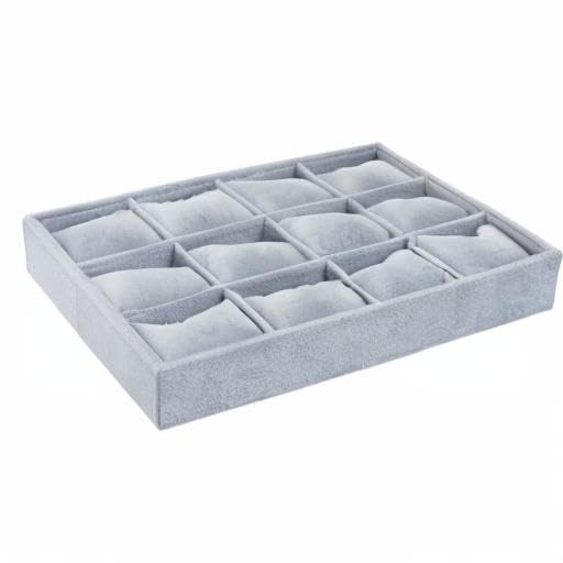 Jewelry Watch Tray, Grey Velvet Watch Jewelry Organizer 12 Grid, Stackable Watch Bracelet Bangle Display Holder, Adjustable Pillows, for Man Woman Show Birthday - color: Grey