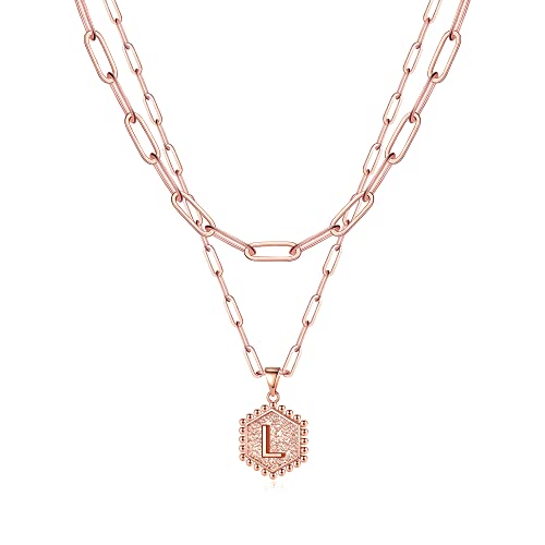 M MOOHAM Dainty Initial Necklaces for Women, 14K-Gold-Plated Layering Necklace for Women Cute Hexagon Letter Initial Necklace Layered Necklaces for Womens Teen Girl Gifts - color: Rose Gold Plated, style: L