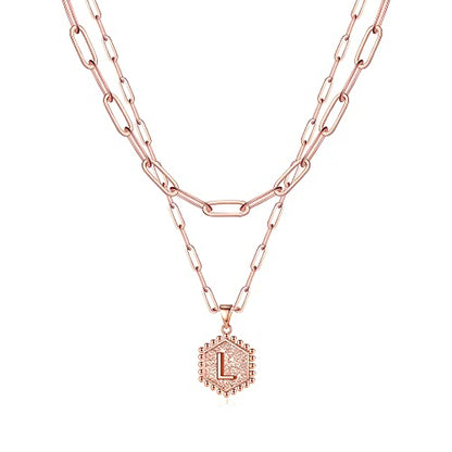 M MOOHAM Dainty Initial Necklaces for Women, 14K-Gold-Plated Layering Necklace for Women Cute Hexagon Letter Initial Necklace Layered Necklaces for Womens Teen Girl Gifts - color: Rose Gold Plated, style: L