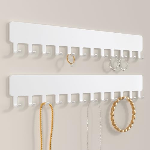 Necklace Holder Wall Mounted,Self Adhesive Jewelry Organizer,2 Pack,White | Modern Design,24 Hooks for Jewelry,Self Adhesive No Drilling,Durable Metal Design,for bedroom/closet/bathroom/vanity - color: White