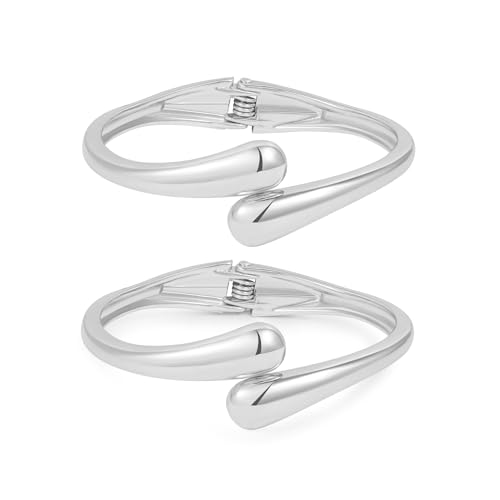 2pcs Gold Bangle Bracelets for Women, Trendy Hinged Cuff Open Wide Chunky Gold Bracelet Stack Arm Cuff Jewelry for Women - color: J-Silver Bangles