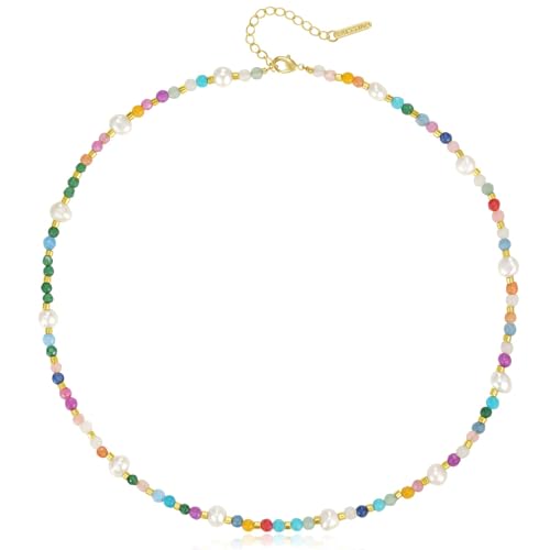 KissYan Beaded Choker Necklace for Women, Colorful Natural Gemstones Pearl Choker 14K Gold Plated Pendant Healing Crystal Necklace Handmade Stone Jewelry Gift | 14K Gold Plated Pendant Necklaces, Natural Gemstones Pearl Choker, Healing Crystal Chain, Hand