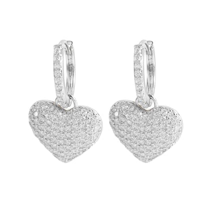 Dainty Full Cubic Zirconia Heart Dangle Small Hoop Earrings for Women Ladies Trendy Sweet Crystal Bling CZ Love Charm Drop Huggie Earring for Her Birthday Valentines Mother's Day Fine Jewelry Gifts - color: Silver-tone