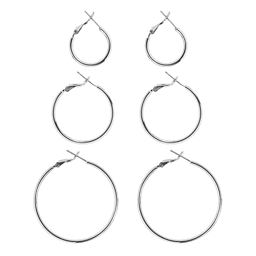 DAILY VIBES Simple Big Thin Hoop Earrings for Women Trendy, 3 Pairs | 925 Sterling Silver Post Large Hoops, 14K Gold or Silver Plated Loop, Hypoallergenic Hoop Earrings Set - color: Silver, size: 20-30-40mm
