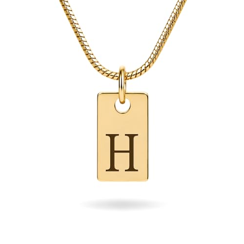 Initial Necklace in 18K Gold Plated, Personalized Engraved Letter Pendant, Gold Snake Chain, 6×10 mm Rectangle Charm for Women - color: H