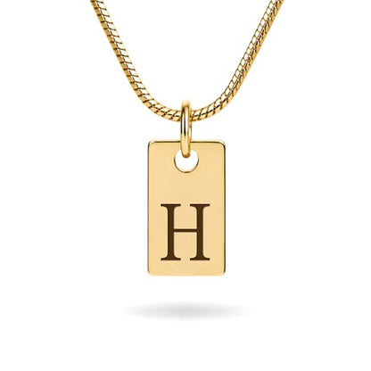 Initial Necklace in 18K Gold Plated, Personalized Engraved Letter Pendant, Gold Snake Chain, 6×10 mm Rectangle Charm for Women - color: H